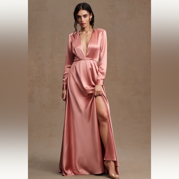BHLDN Dresses & Skirts - BHLDN Satin Dusty Rose Long-Sleeve V-Neck Wedding Dress